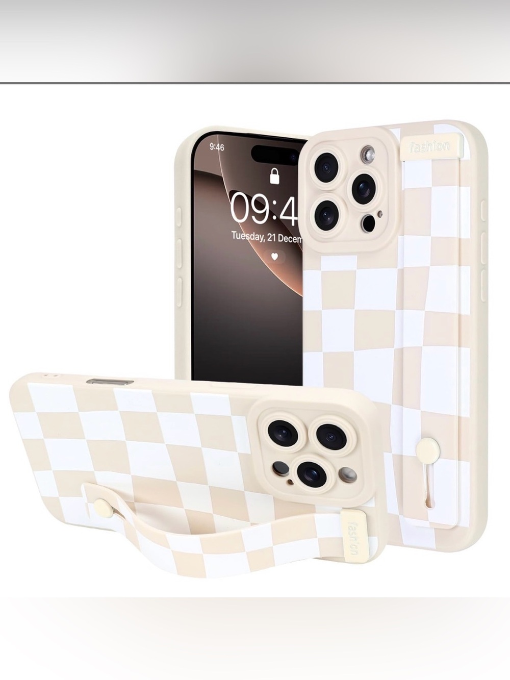 IPhone 16 Pro Max Case With Strap Stand - White Checkered